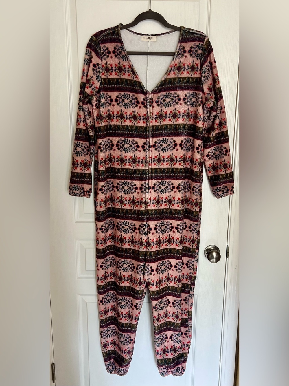 Natural Life Cozy Fleece Onesie Long Sleeve Zip-Up Boho Pink Floral Relaxed Fit
